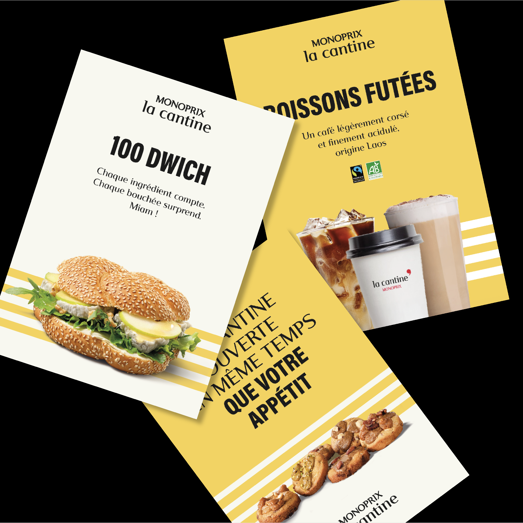 Affiches de la cantine Monoprix « 100 dwich » et « Boissons futées », visuels de sandwich et de boissons sur bandes jaunes