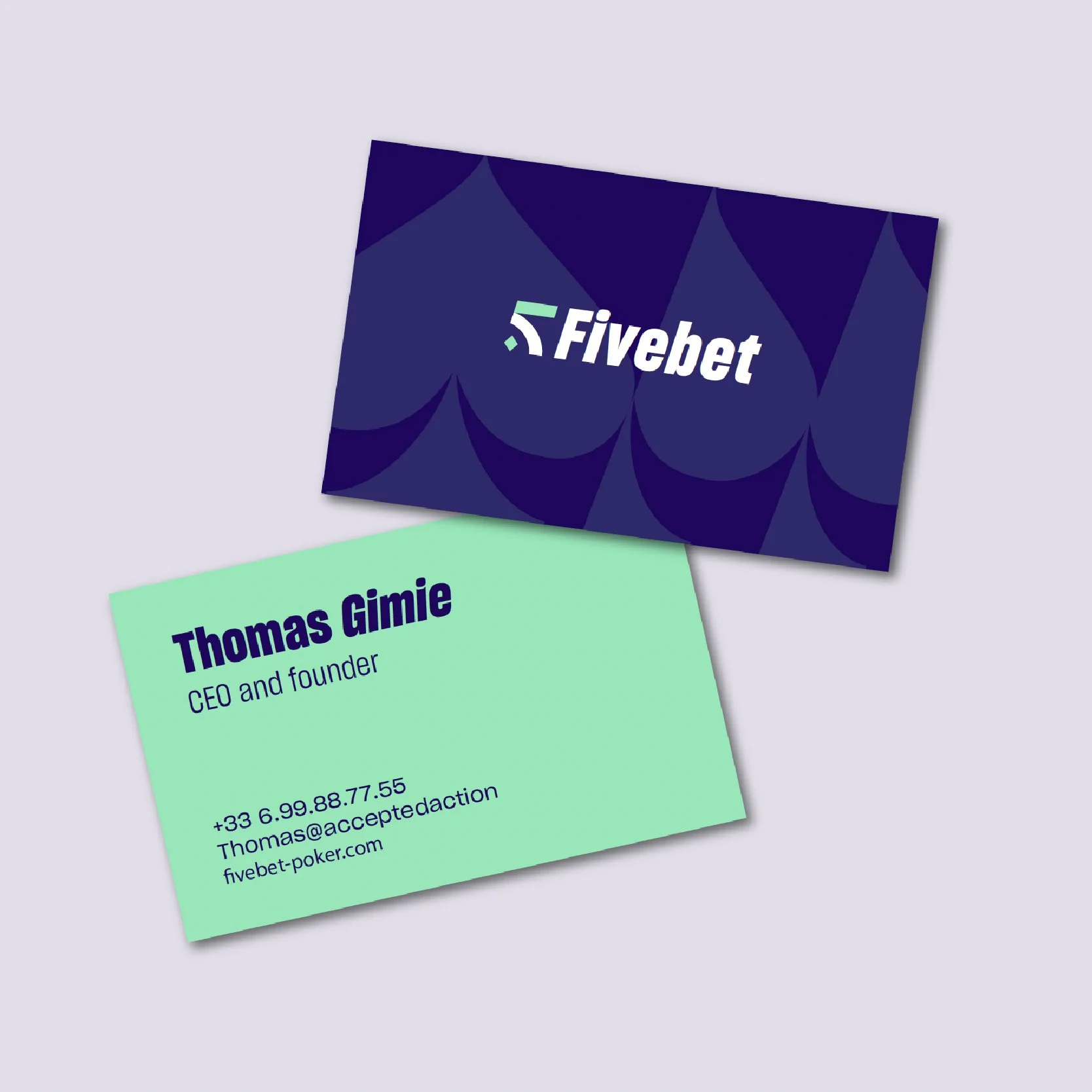 Une carte de visite de Thomas Gimie, CEO et fondateur, avec des coordonnées téléphoniques, email et site web, sur un fond vert pastel
