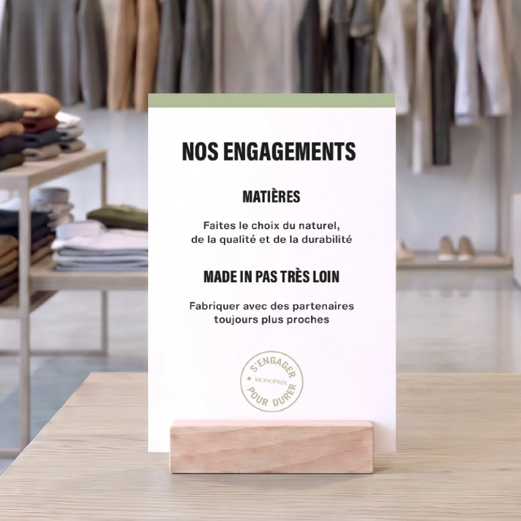 Affiches de prix Monoprix aux couleurs vertes et kaki, PLV alimentaire près d'un escalator
