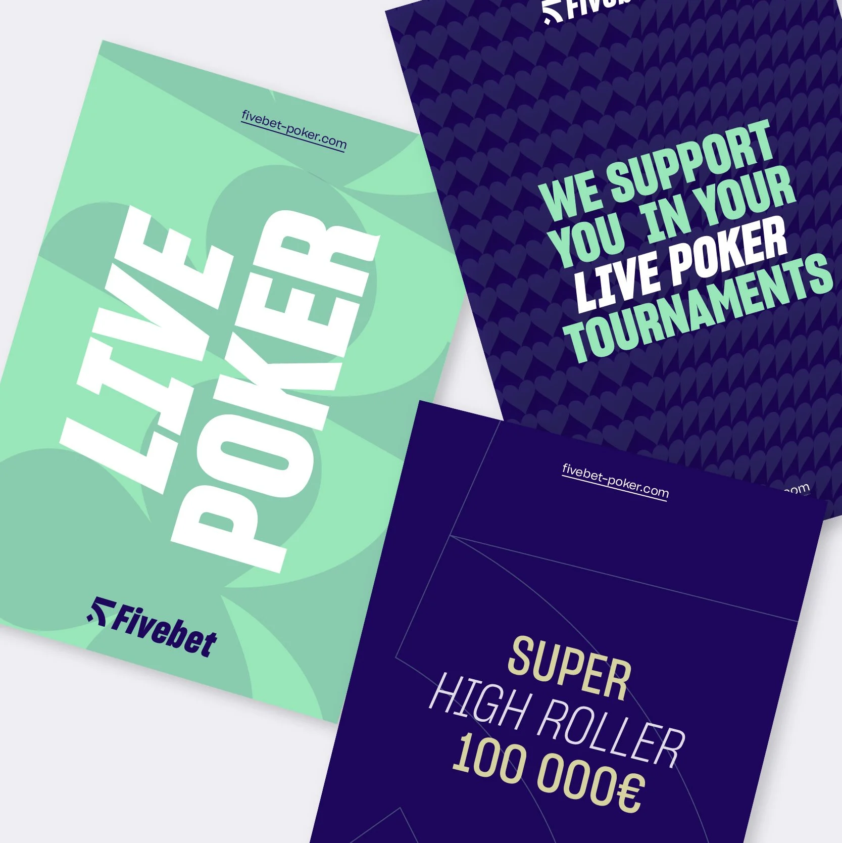 Publicité pour des tournois de poker en ligne avec le texte "We support you in your live poker tournaments" et une URL fivebet-poker.com