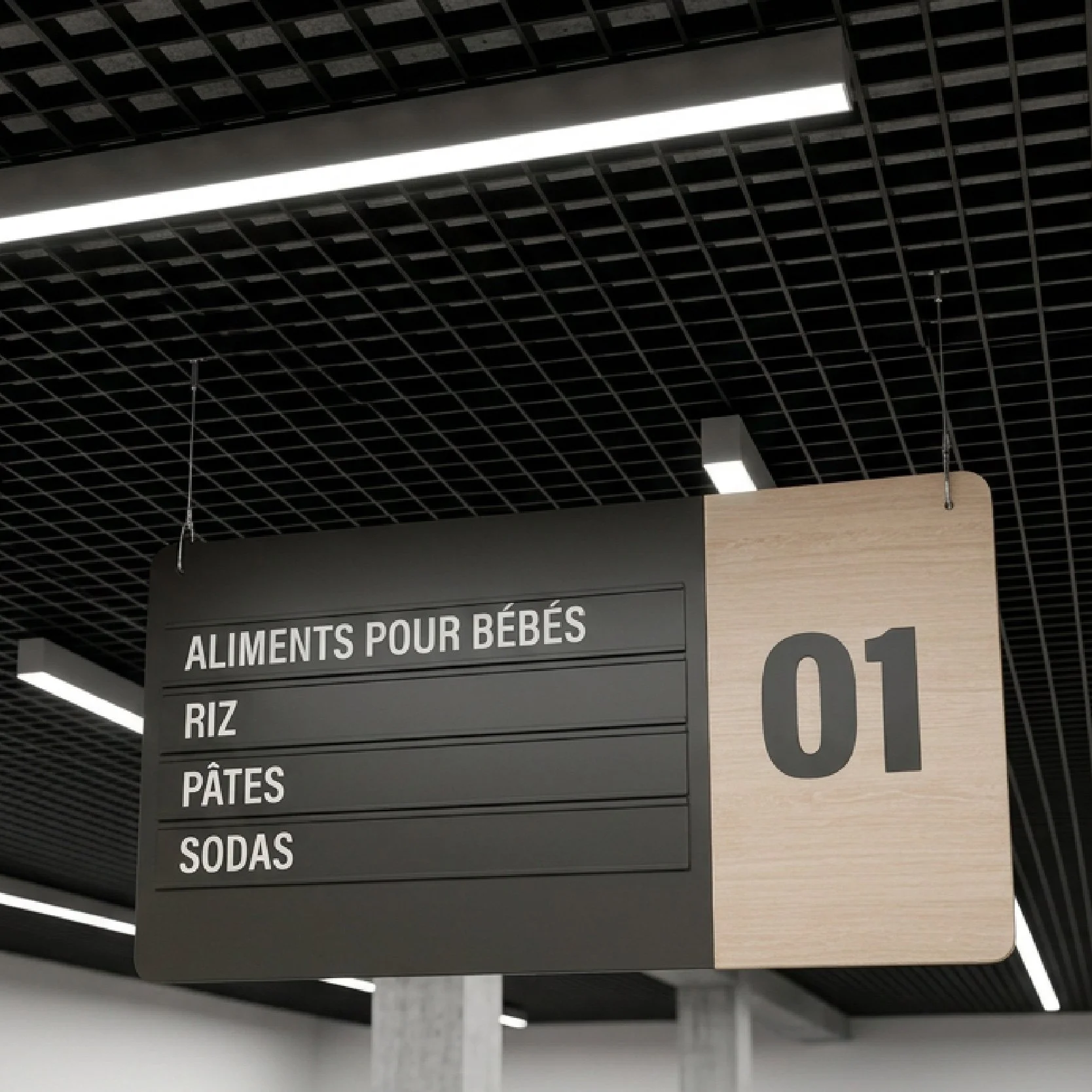 Panneau suspendu de rayon Monoprix, numéro d'allée et liste de produits alimentaires
