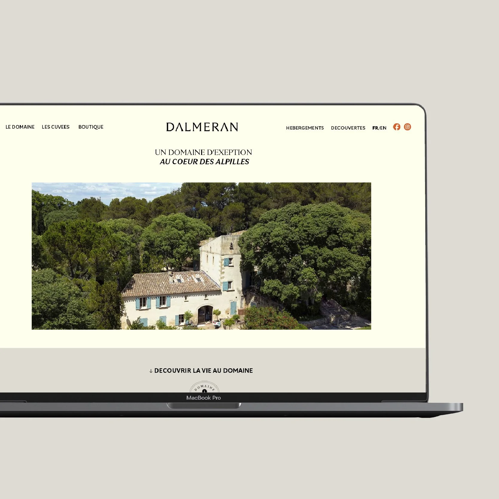 Site web du Domaine Dalmeran sur ordinateur portable, accroche « Un domaine d'exception au cœur des Alpilles » et vue aérienne de la bastide