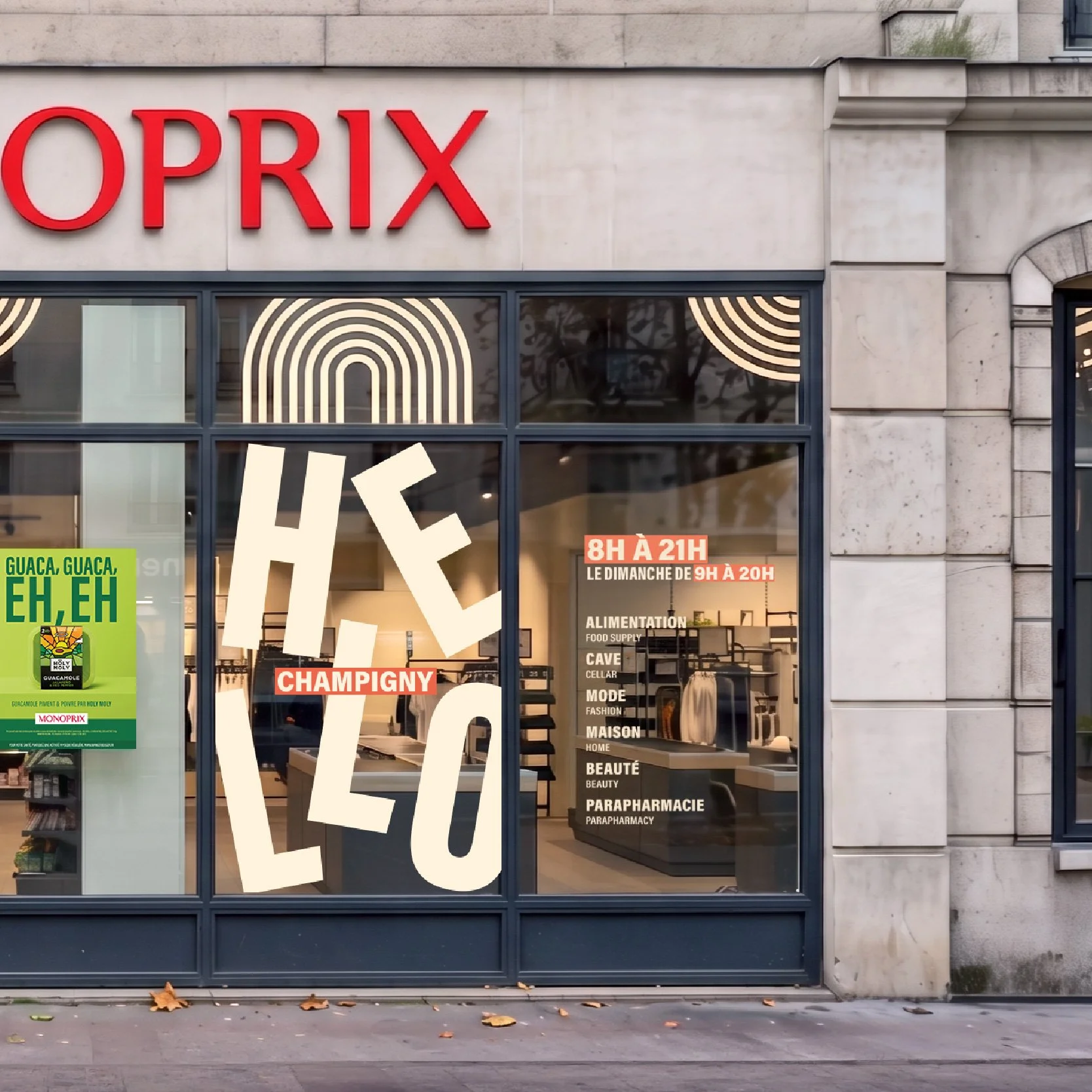 Façade d'un magasin avec un panneau en verre affichant les horaires d'ouverture, texte en français. Mur en pierre autour des fenêtres.