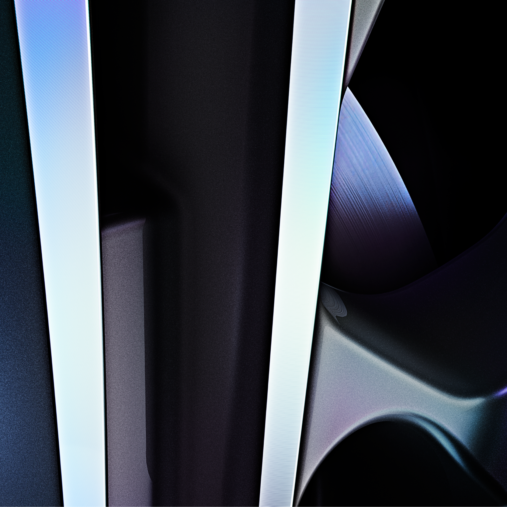 Détail abstrait de signature lumineuse Renault, bandes verticales blanches irisées sur fond noir