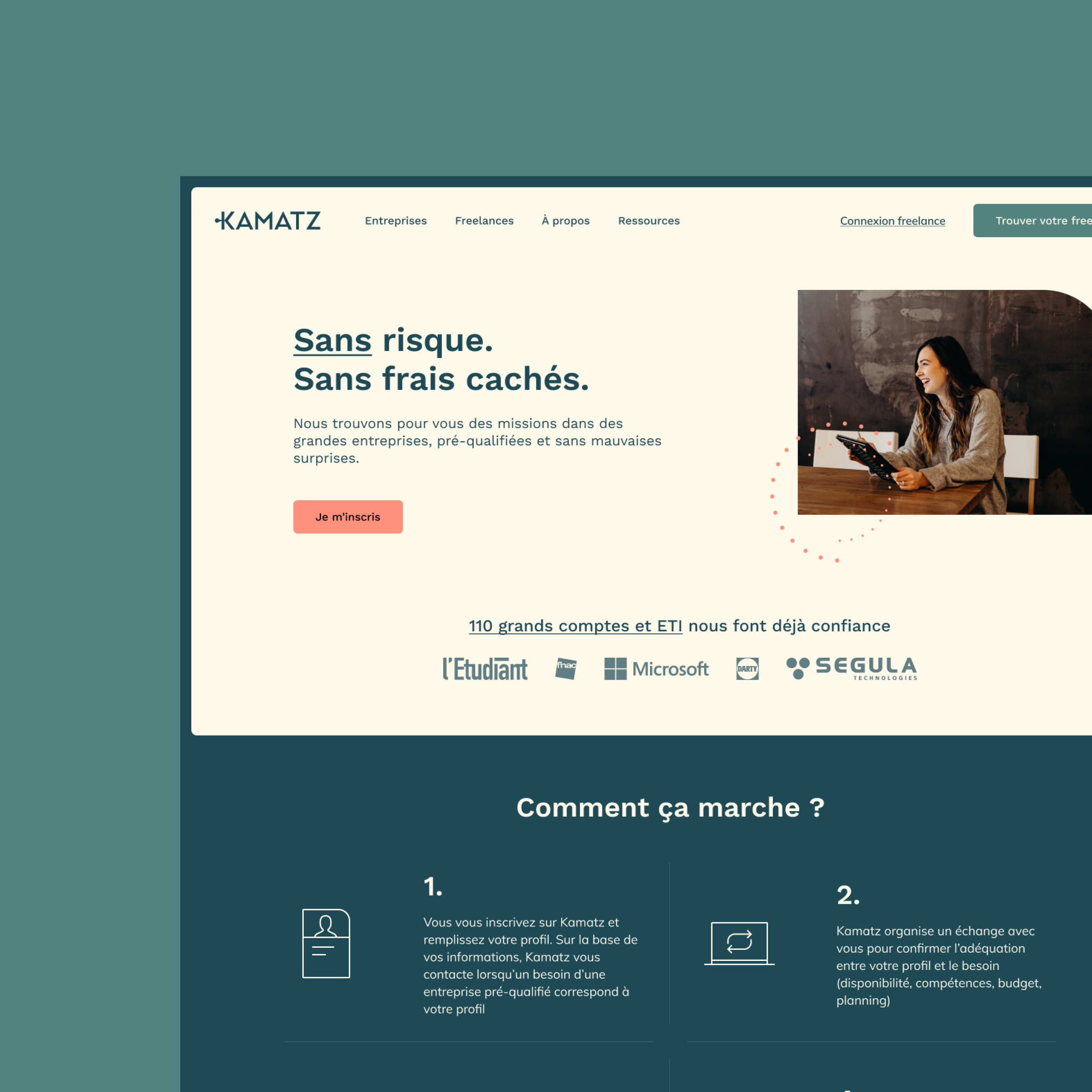 Page d'accueil du site Kamatz, accroche « Sans risque. Sans frais cachés. », section « Comment ça marche ? » et références de grands comptes