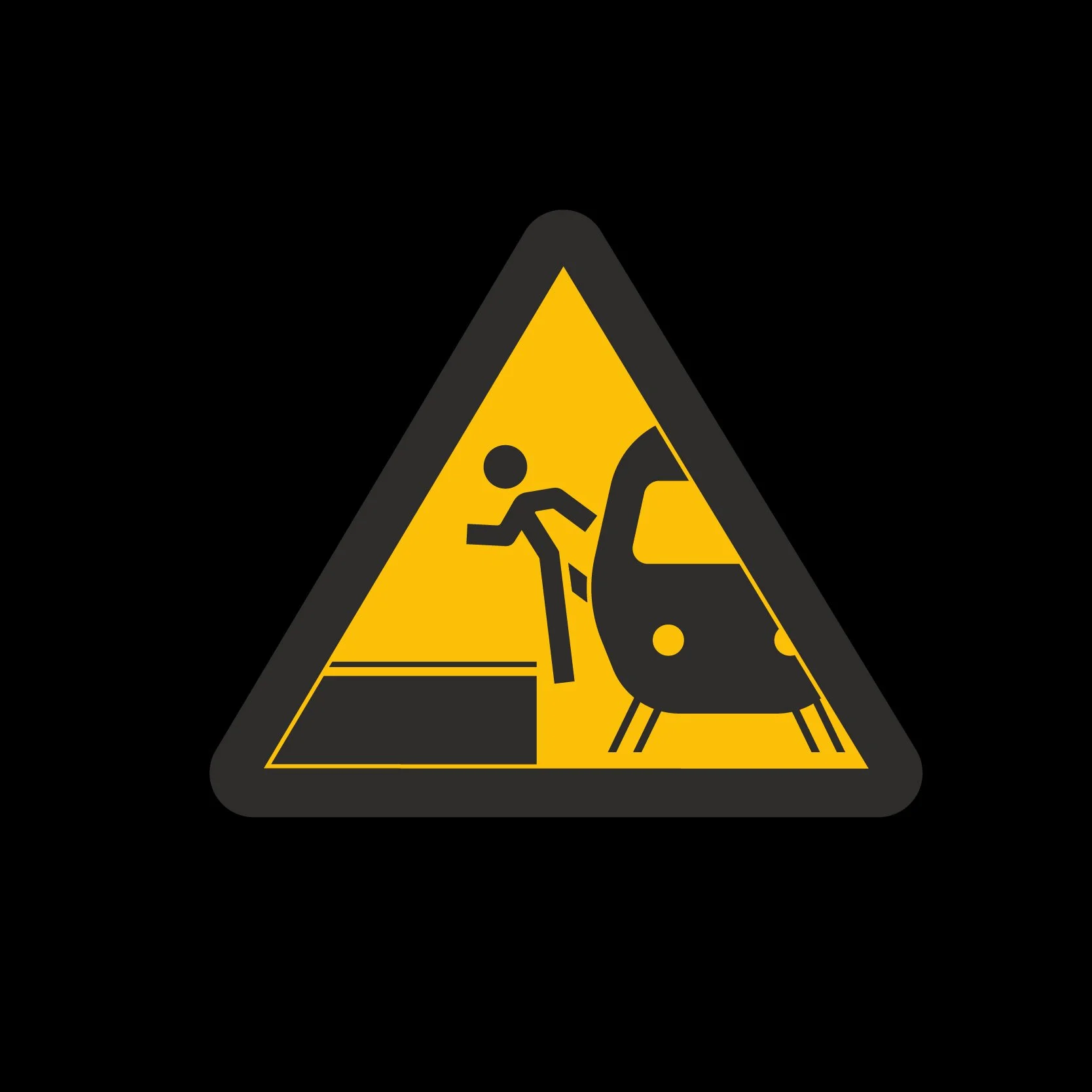 Panneau de danger triangulaire jaune du CDG Express, voyageur près du bord du quai et du train
