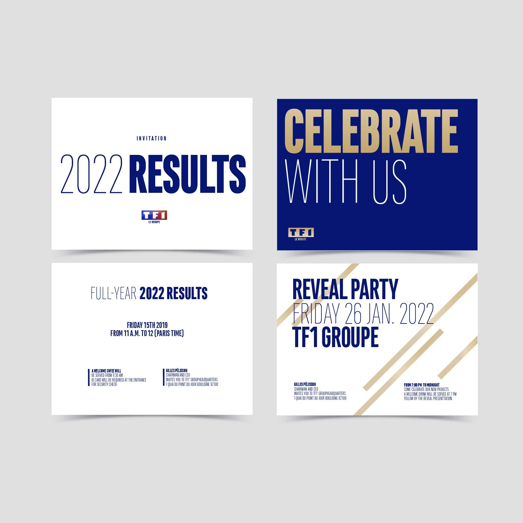 Cartons d'invitation TF1 Groupe , identité typographique bleue et dorée