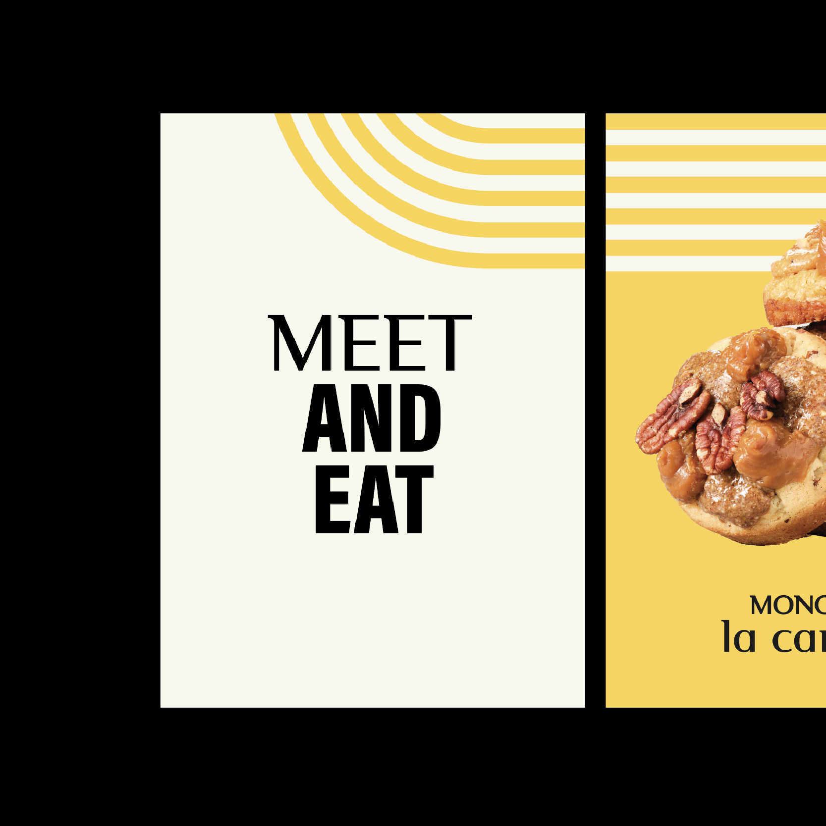 Trois affiches de la cantine Monoprix « Meet and eat », « It's coffee time » et cookies aux noix de pécan sur fond jaune