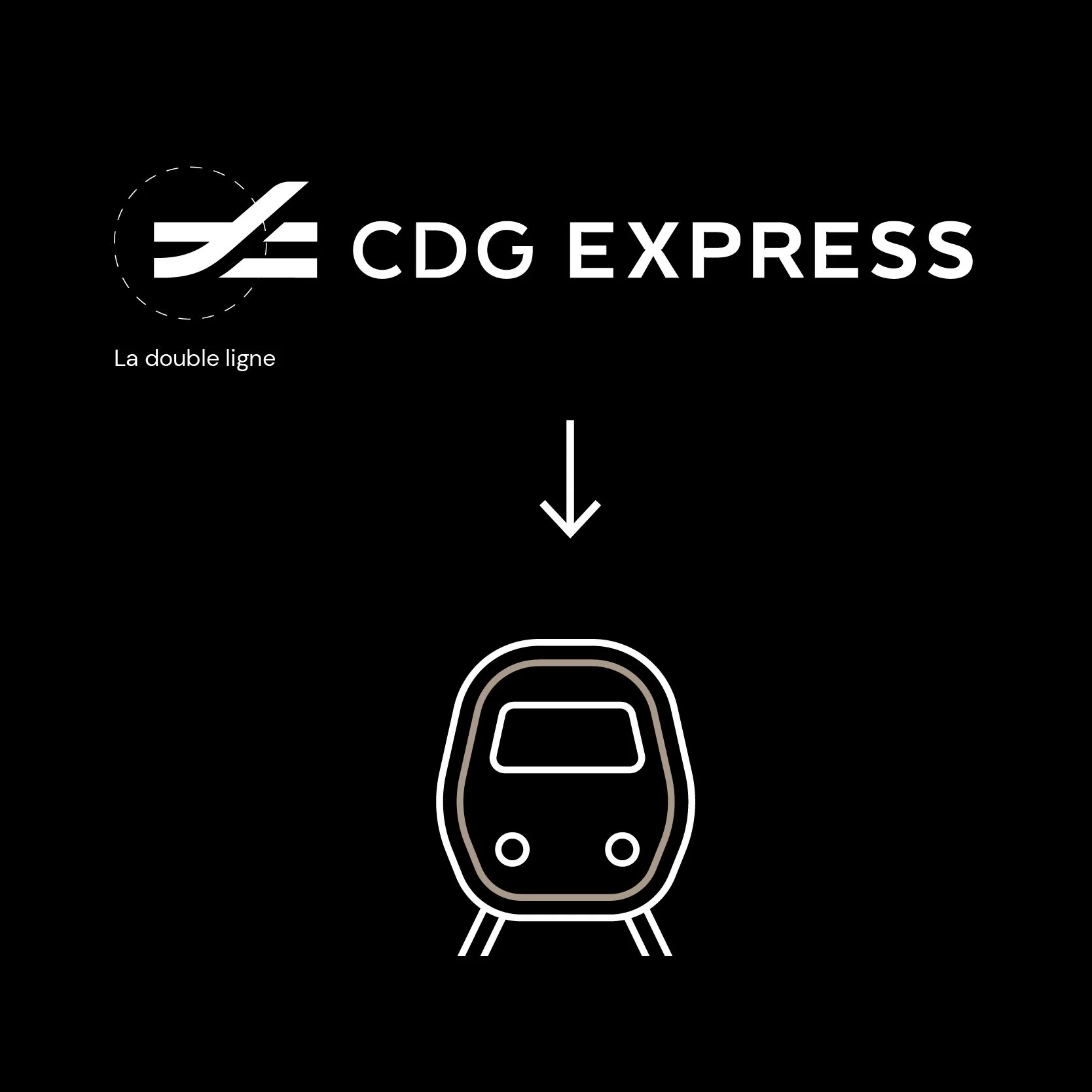 Logo CDG Express avec le symbole de la double ligne, flèche et pictogramme de train sur fond noir