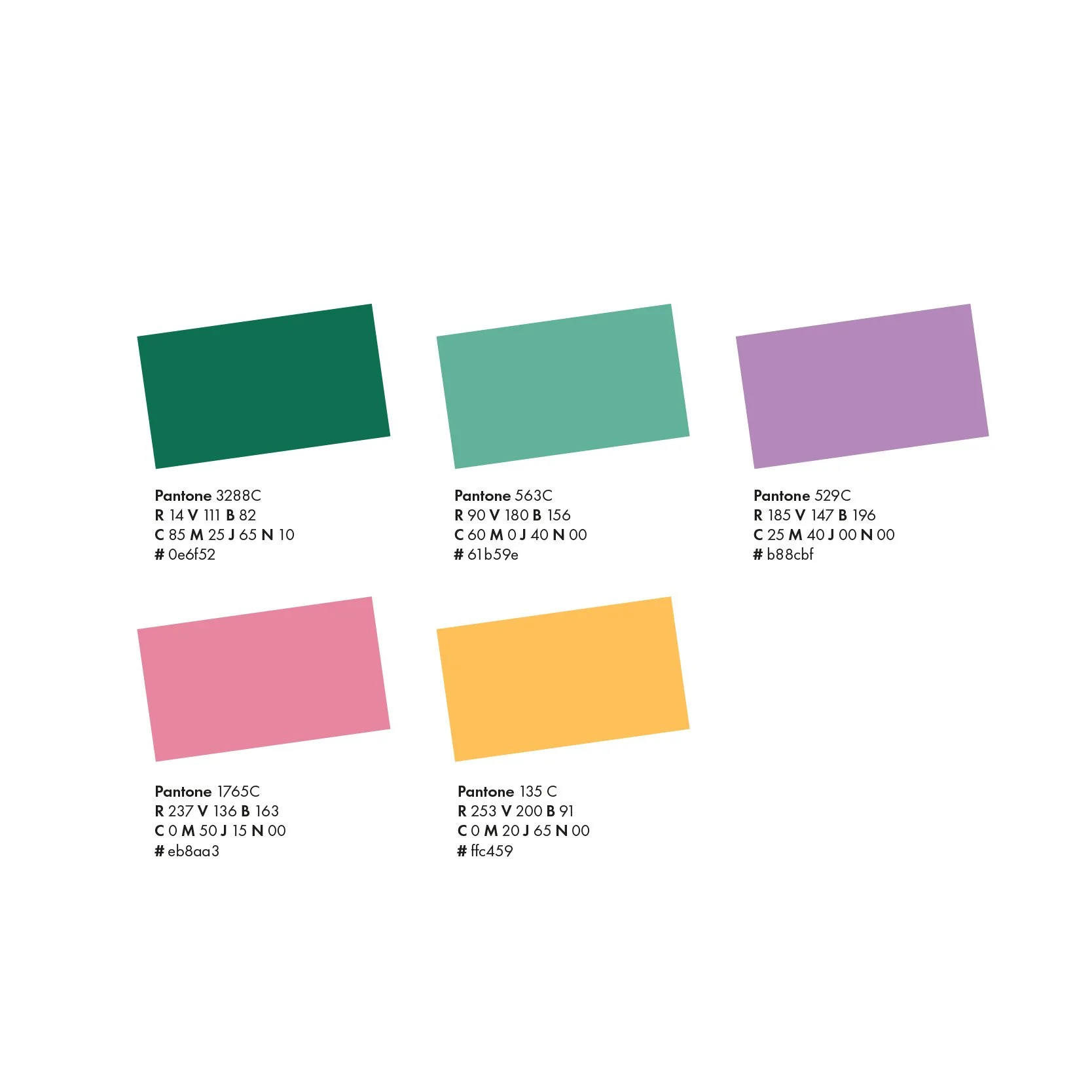 Palette de couleurs b'app : vert foncé, vert menthe, violet, rose et jaune, avec références Pantone