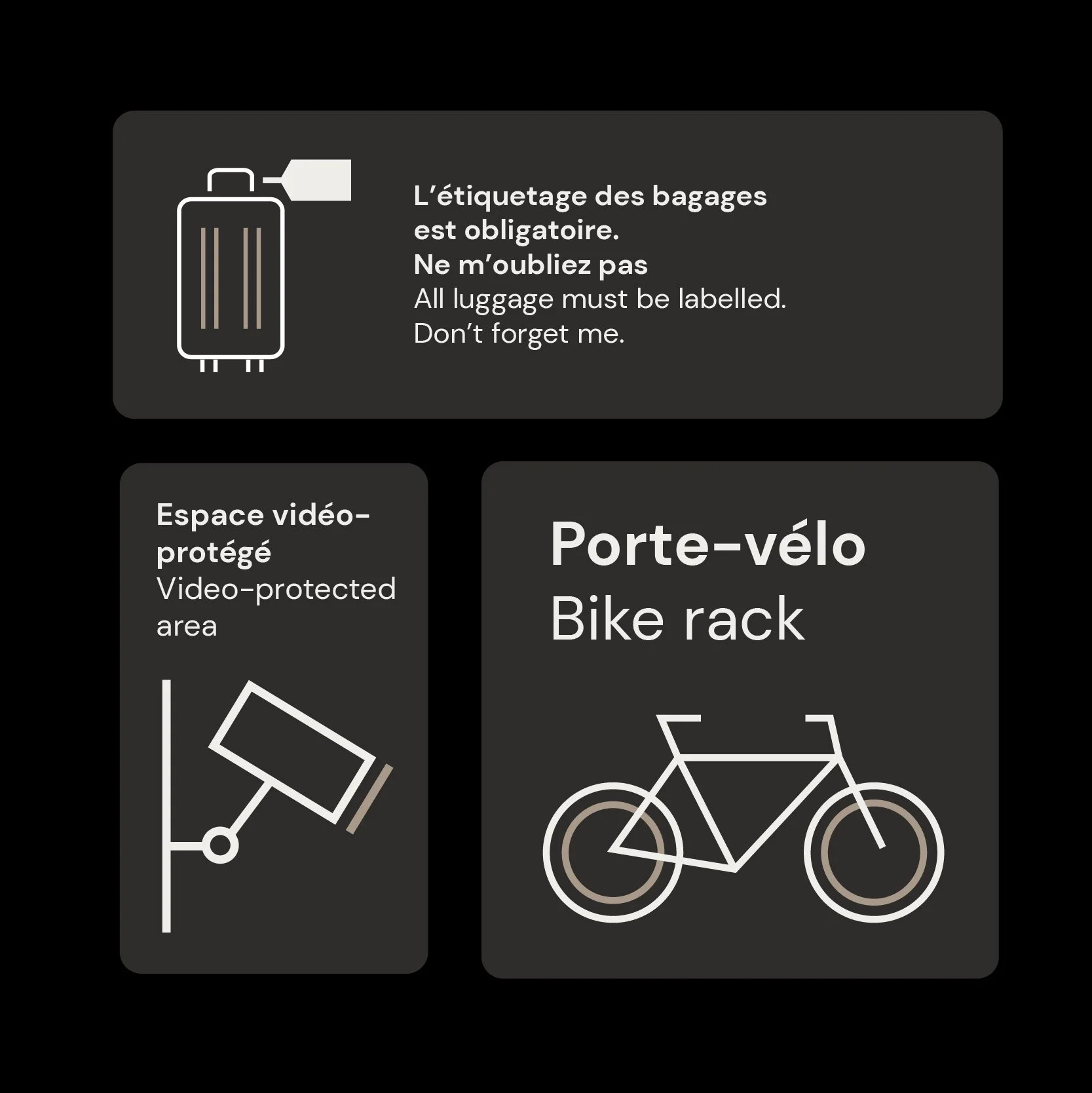 Panneaux d'information CDG Express : étiquetage des bagages, espace vidéo-protégé et porte-vélo, en français et en anglais