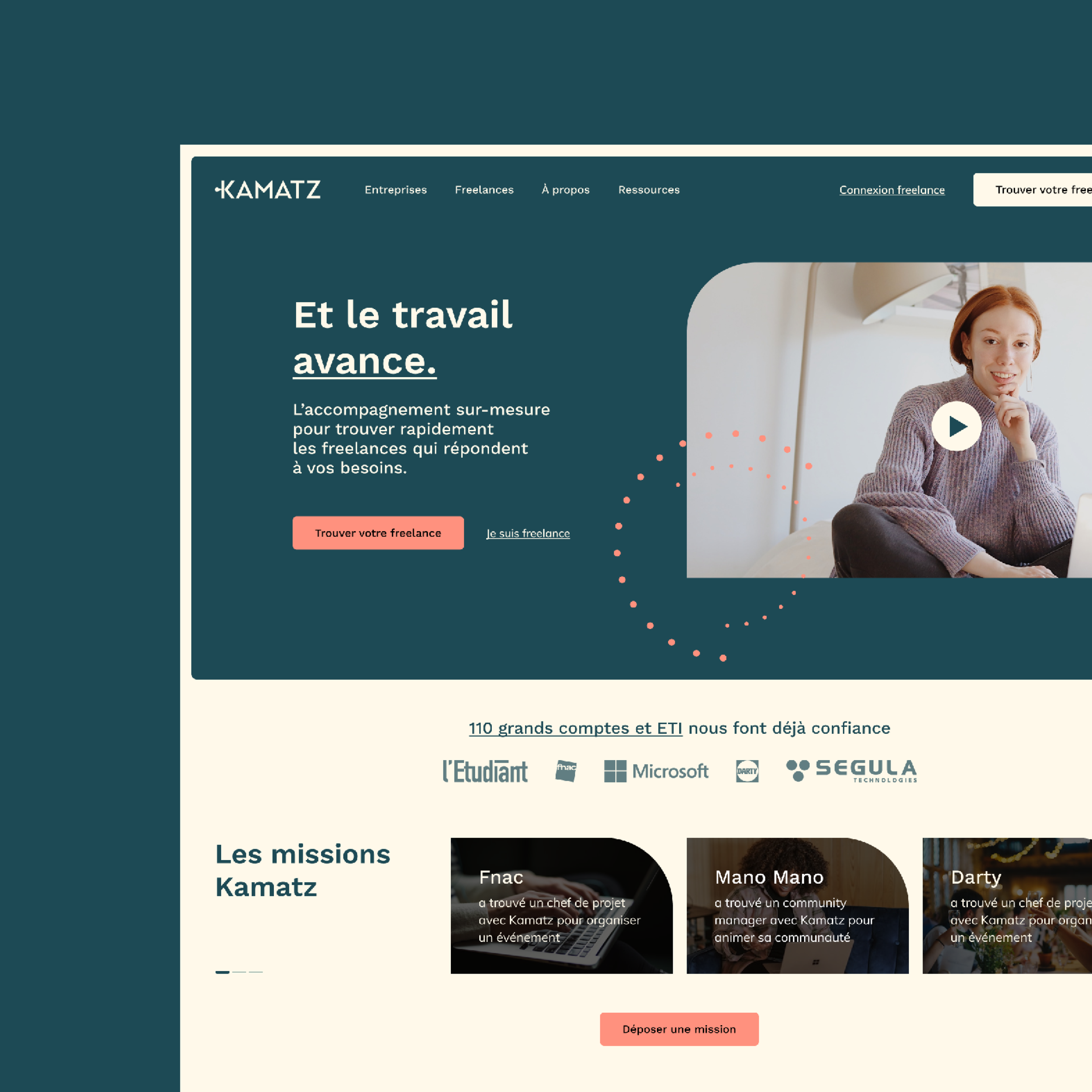 Page d'accueil Kamatz en version bureau, accroche « Et le travail avance. », vidéo de présentation, références clients et section « Les missions Kamatz »