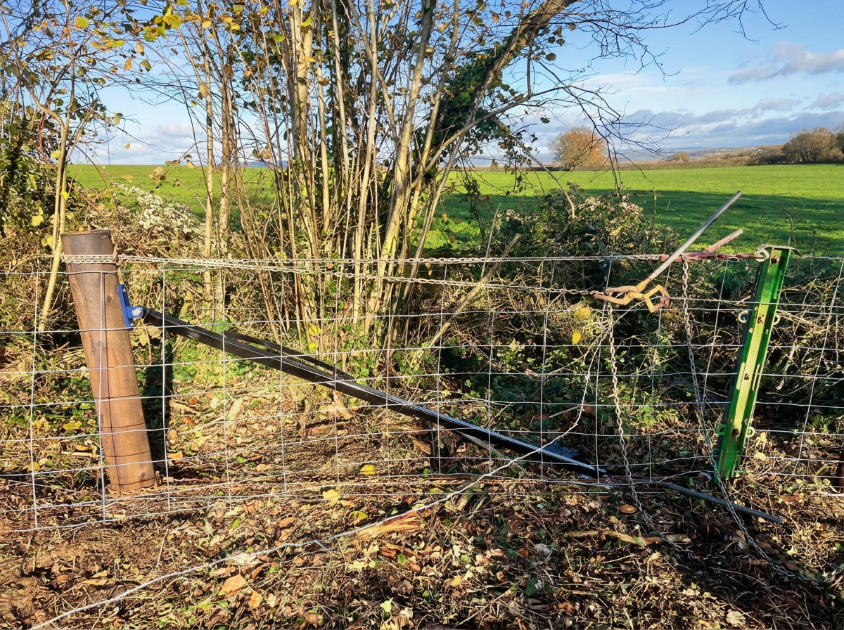 MudSlice HVB Temporary Strut in use as a temporary strutted post on a fence line, with sheep netting and barbed wire.