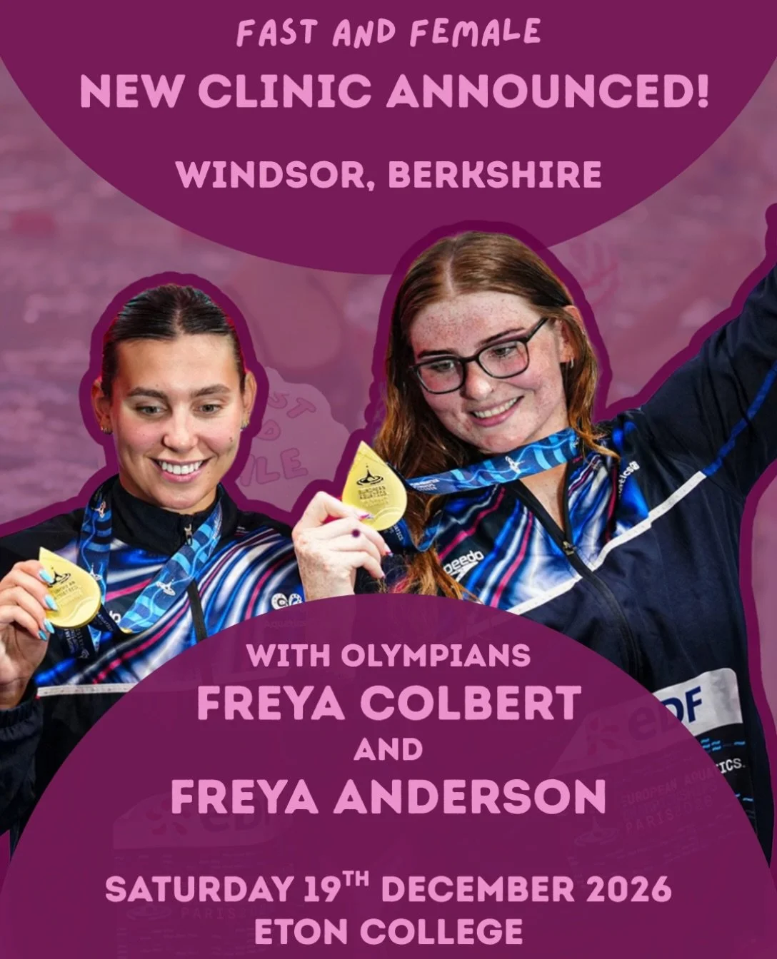 Join @freya.colbert and @freyaanderson_ on our next clinic, in Windsor!😝
📍 To be held at Eton college on the 19th of December, the girls will take you through a freestyle technique session and a starts and turns session. 
🥇 With a combined 50+ int