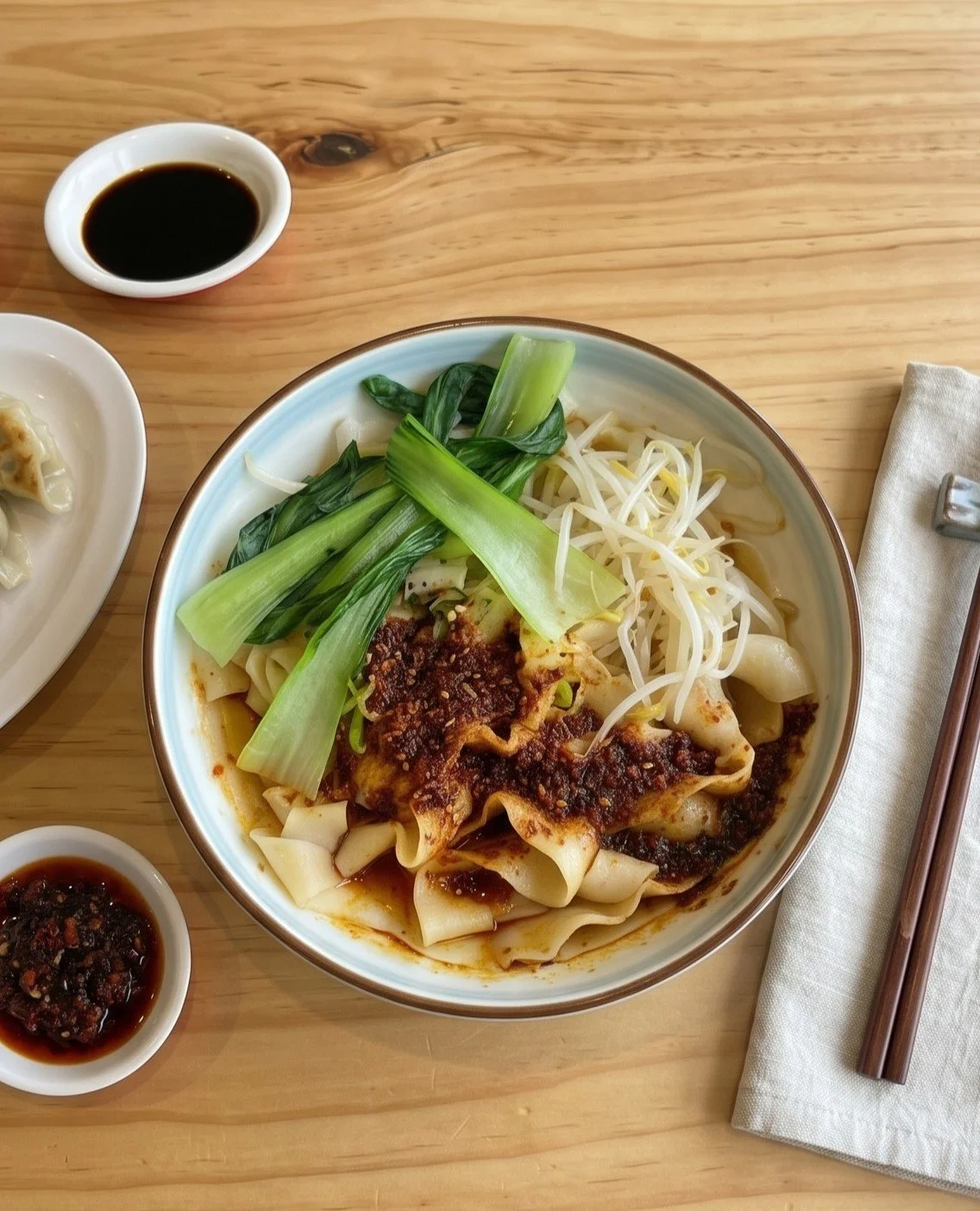 Bowl of Asian noodles topped with green onions, bean sprouts, and chili with soy sauce on the side, on a wooden table with chopsticks and napkin.
