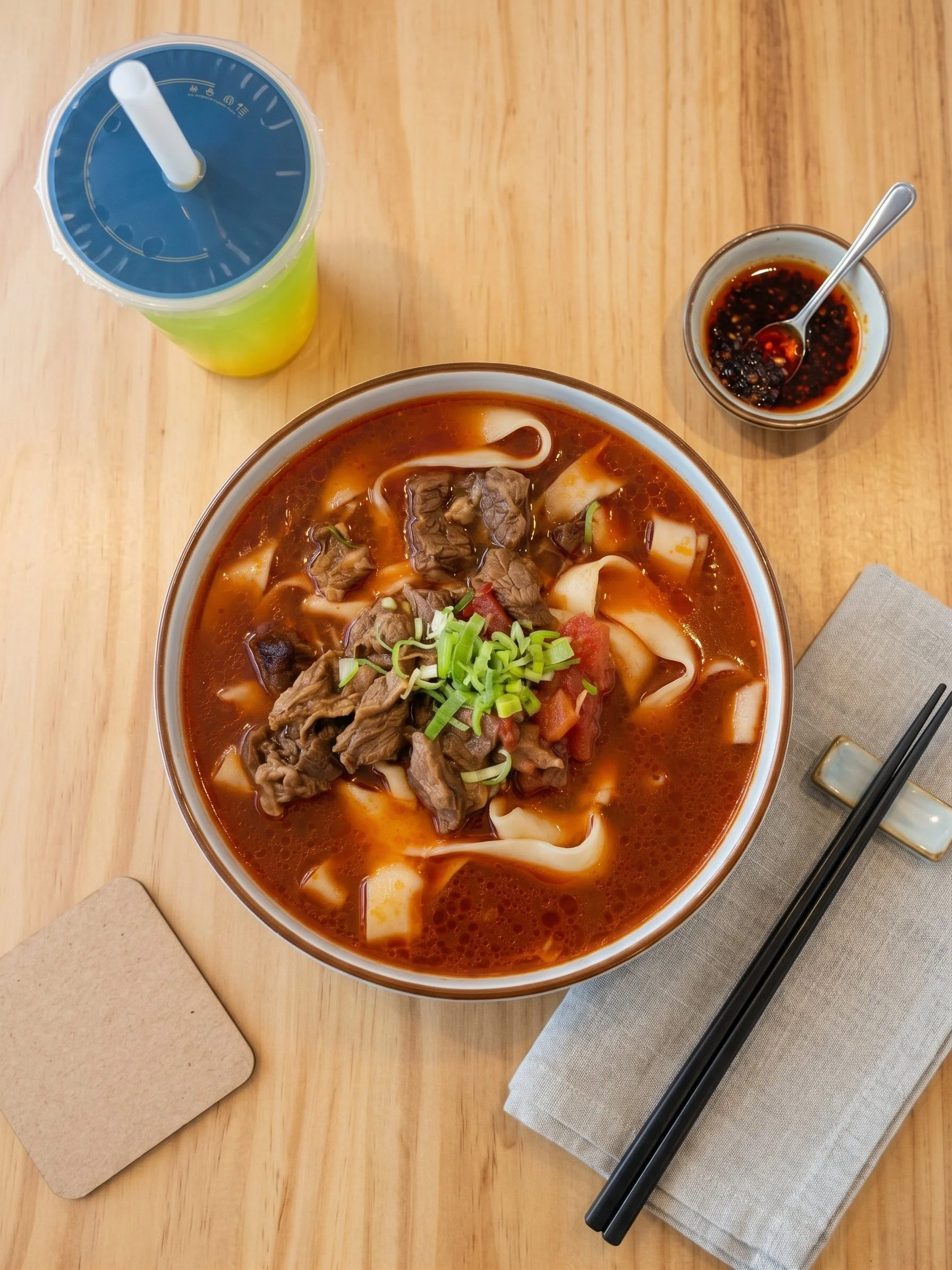 A bowl of spicy beef noodle soup with chopped green onions on top, accompanied by a side of chili oil and a drink with a straw, on a wooden table with chopsticks and a napkin.
