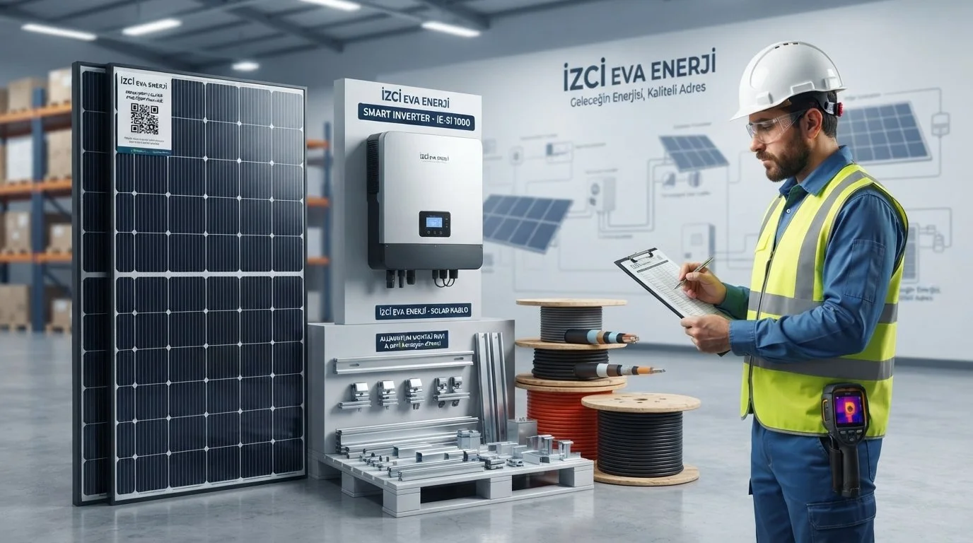 Bir enerji tesisi veya depolama alanında çalışan bir mühendis, elinde clipboard ile denetim yapıyor. Yanında güneş panelleri, inverter ve farklı kablolar bulunuyor.