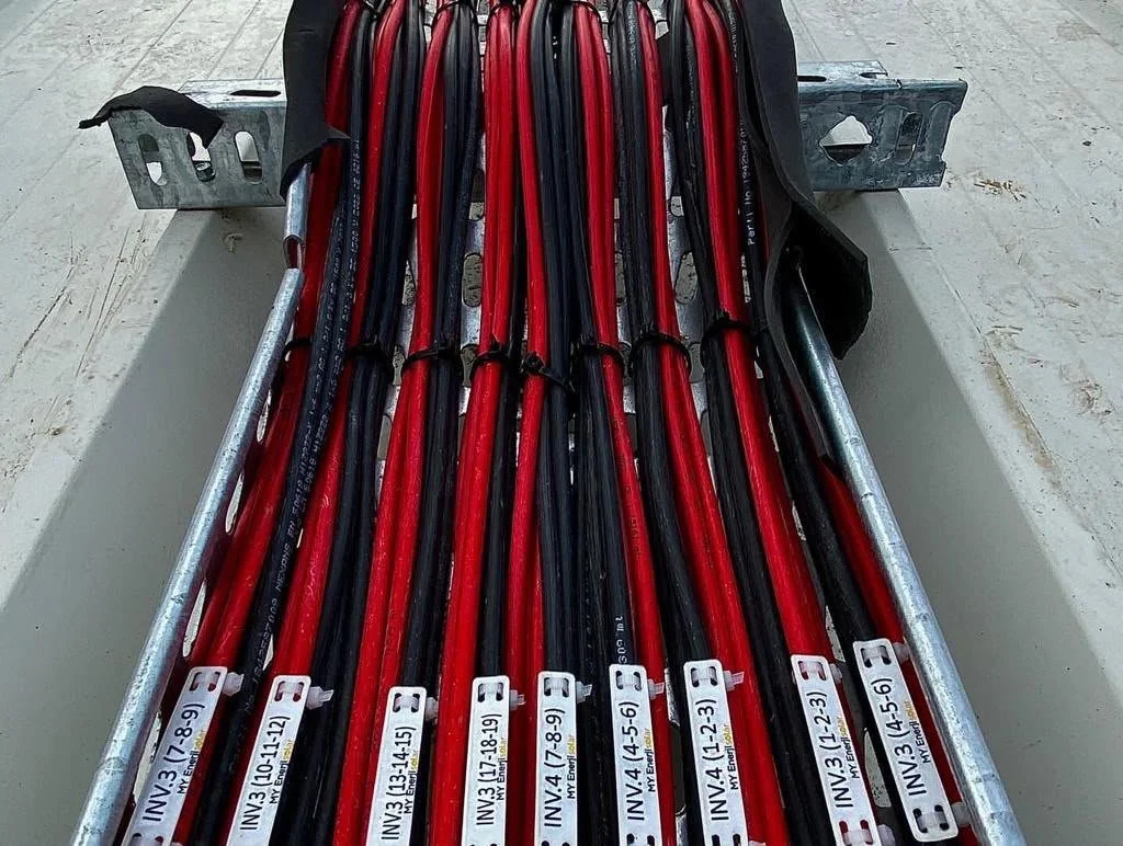 Elektrik kabloları kutudaki yerlerine düzenlenmiş ve etiketlenmiş durumda.