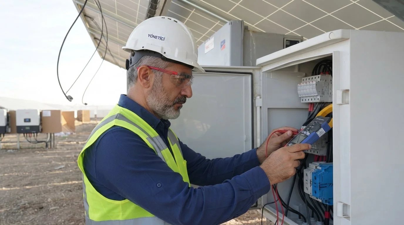 Güneş enerjisi panellerinin altında çalışan erkek elektrikçi, açık elektrik kontrol paneline bakıyor ve ölçüm cihazı tutuyor.