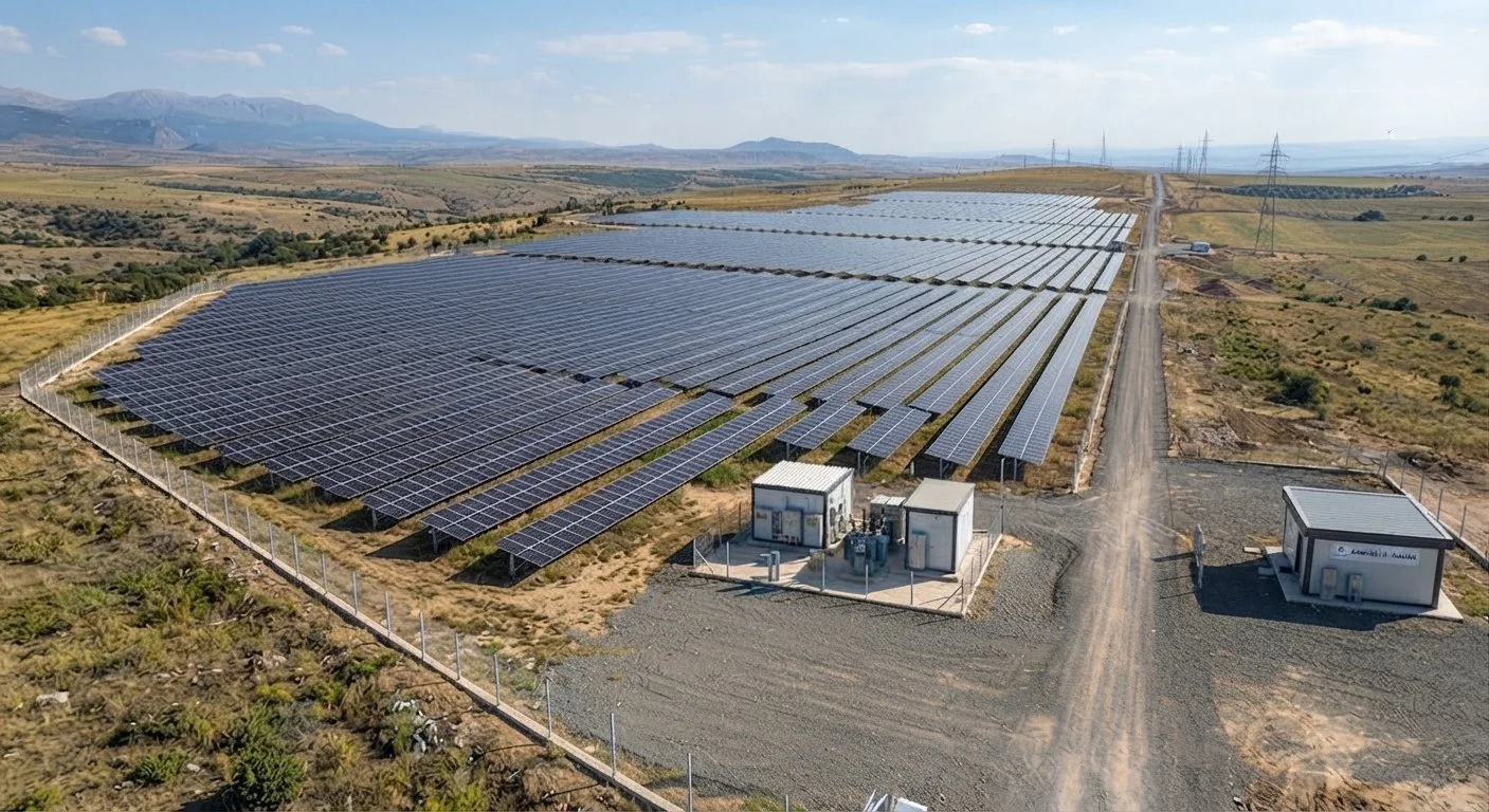 Geniş alanlı bir güneş enerjisi santrali, birçok güneş paneli ve elektrik altyapısı ile açık alanda kurulmuş.