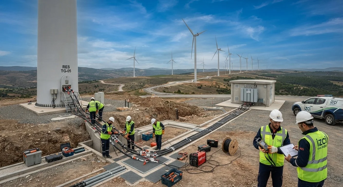 Güneş enerjisi santrali alanında çalışan mühendis ve teknisyenler, güç şebekesine bağlanan enerji ekipmanlarını inceliyor ve test ediyor.