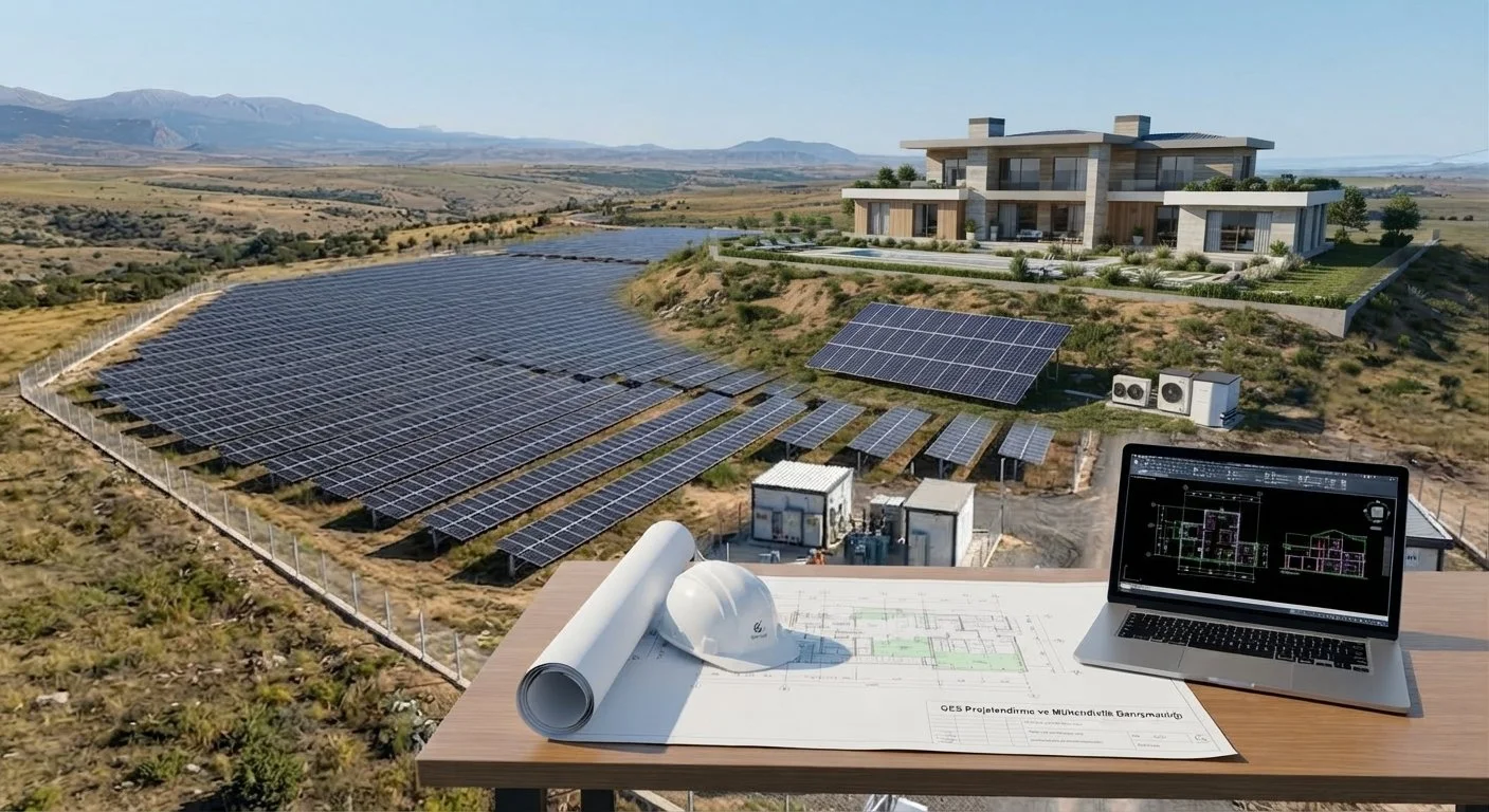 Güneş enerjisi panelleriyle donatılmış geniş bir elektrik santrali, arka planda modern tasarımlı bir ev ve açık çalışma alanında bilgisayar ve çizimlerle detaylandırılmış mimari planlar.