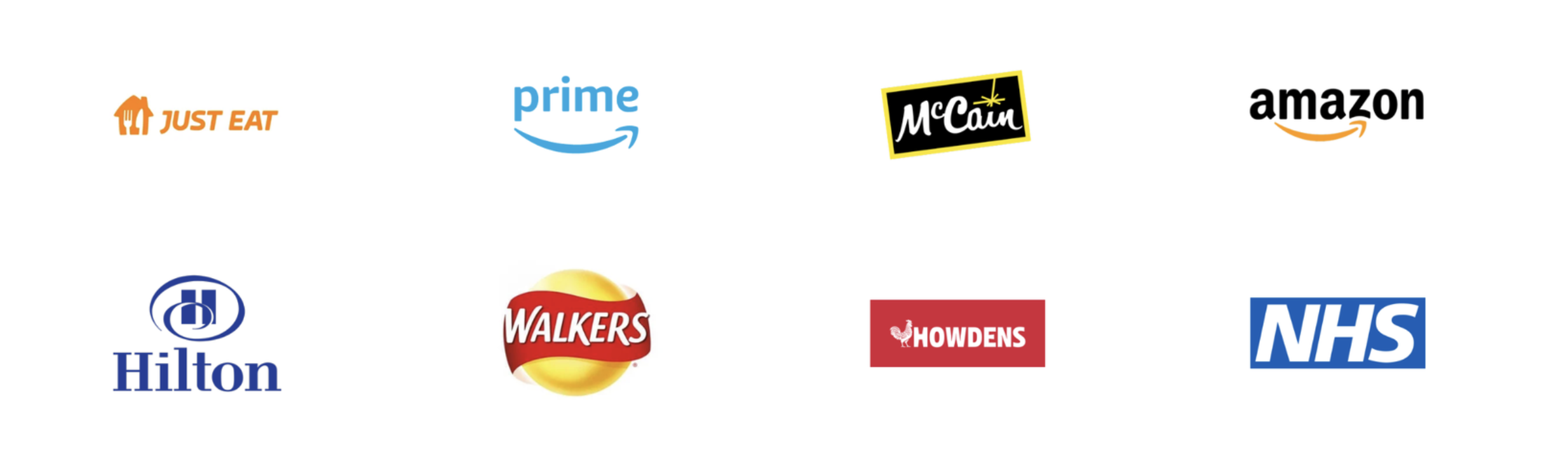 Collection of logos from various brands including Just Eat, Amazon Prime, McCain, Amazon, Hilton, Walkers, Howdens, and NHS.