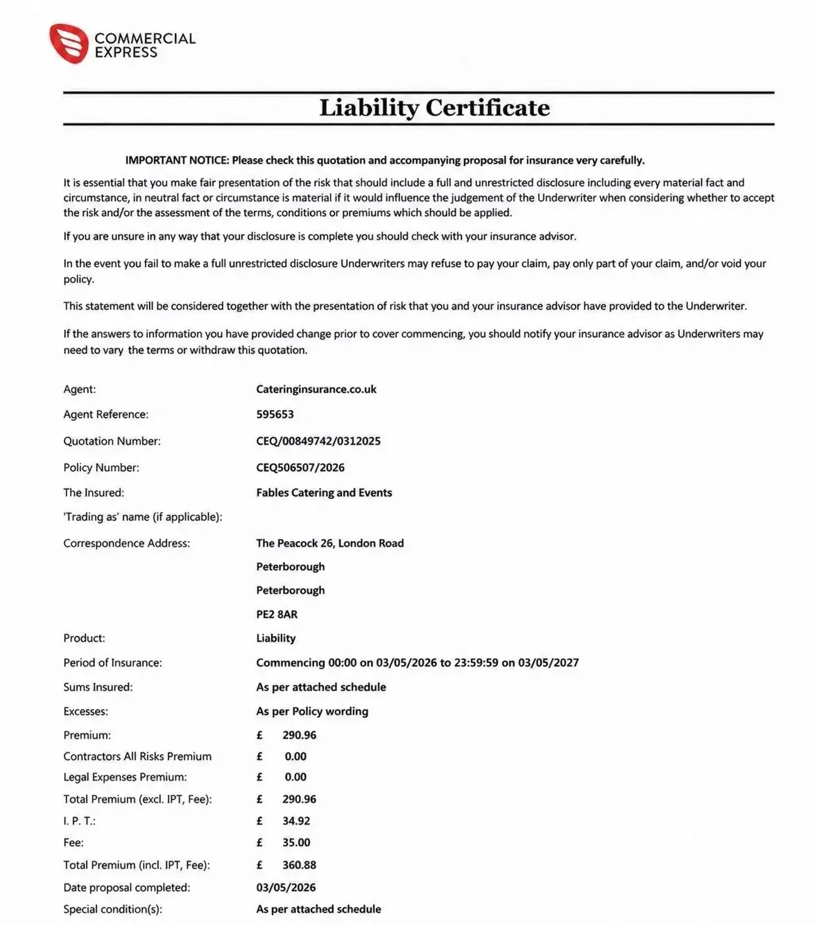 Liability certificate image for Fables Catering & Events
