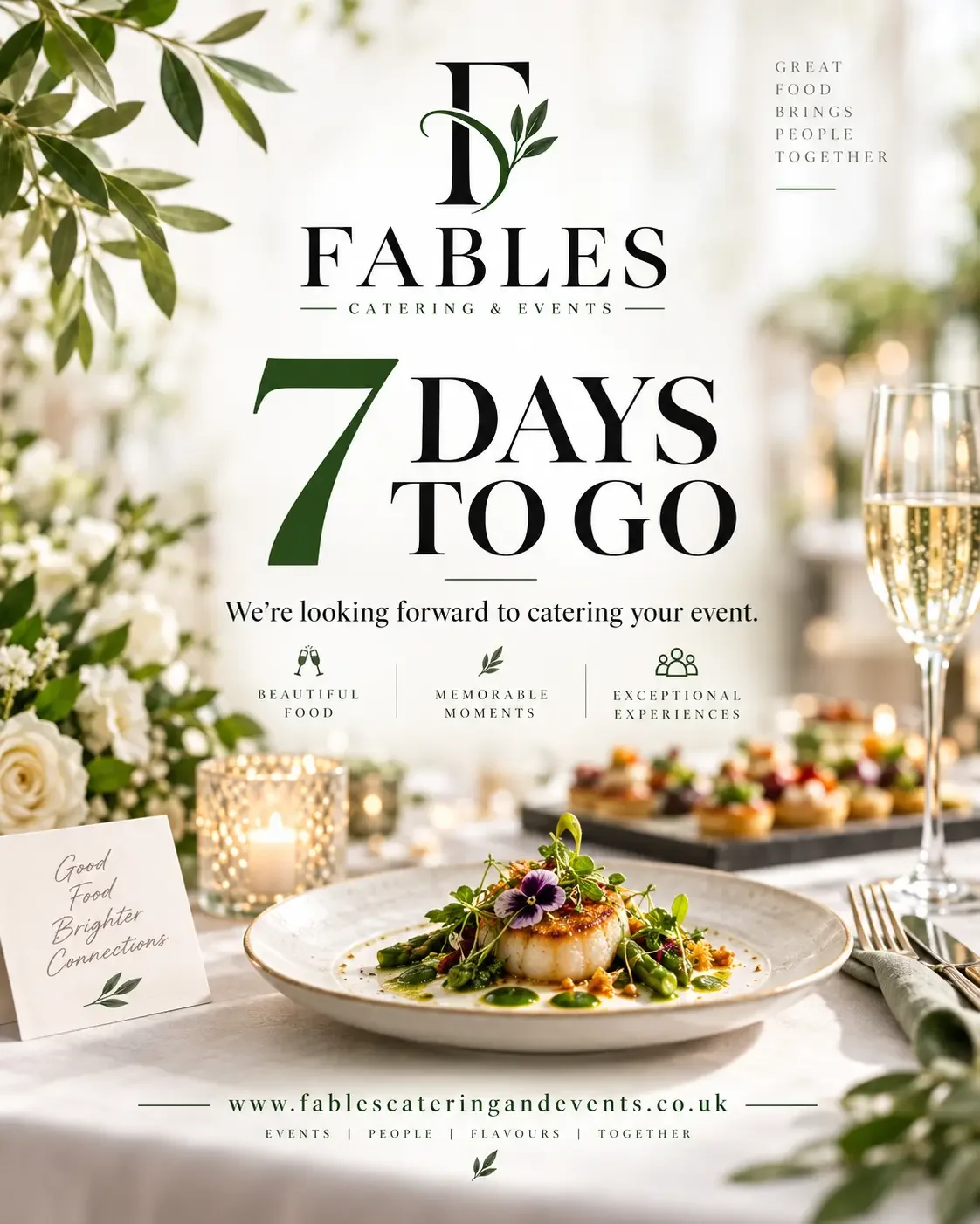 Fables event countdown poster with a plated meal and canapés: 7 days to go.