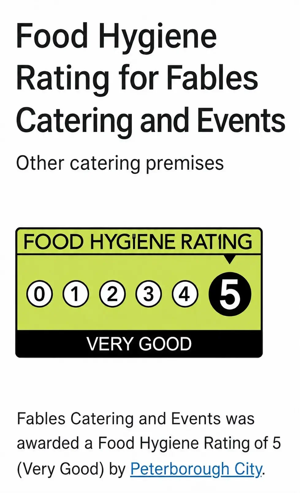 Food hygiene rating image for Fables Catering & Events showing 5, Very Good