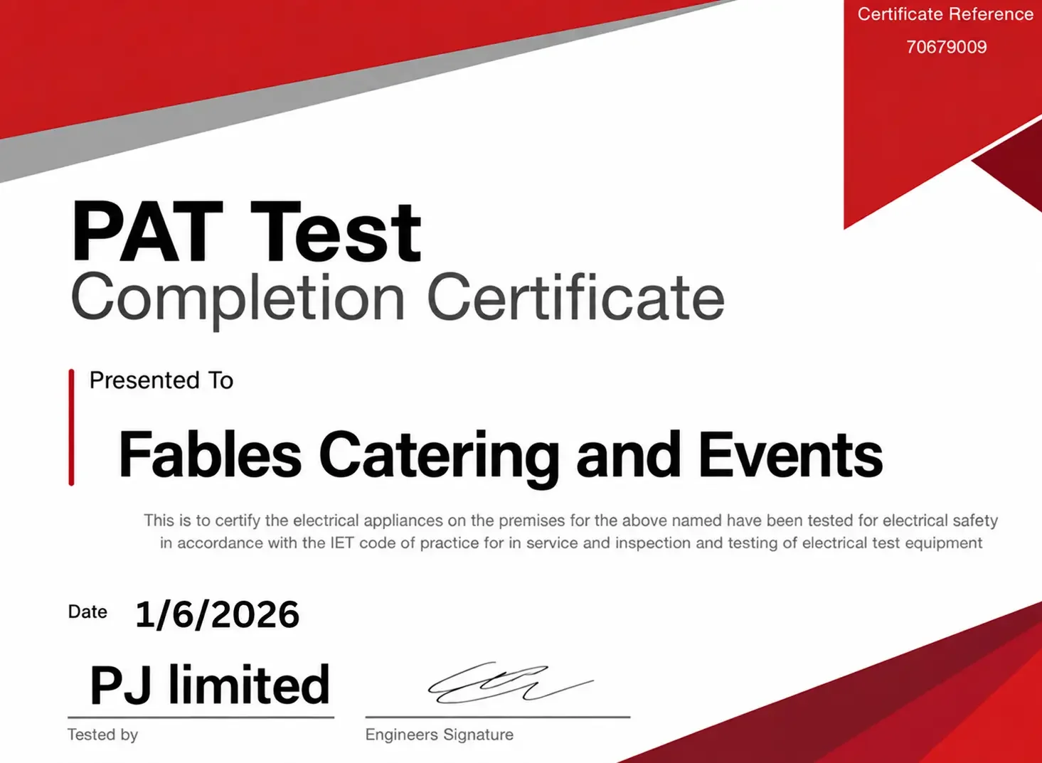 PAT Test Completion Certificate image for Fables Catering & Events