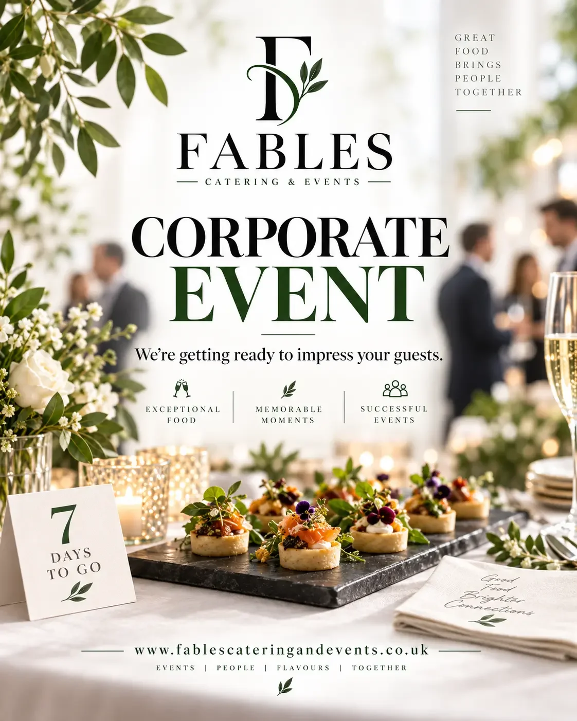 Fables corporate event countdown poster with canapé platters: 7 days to go.
