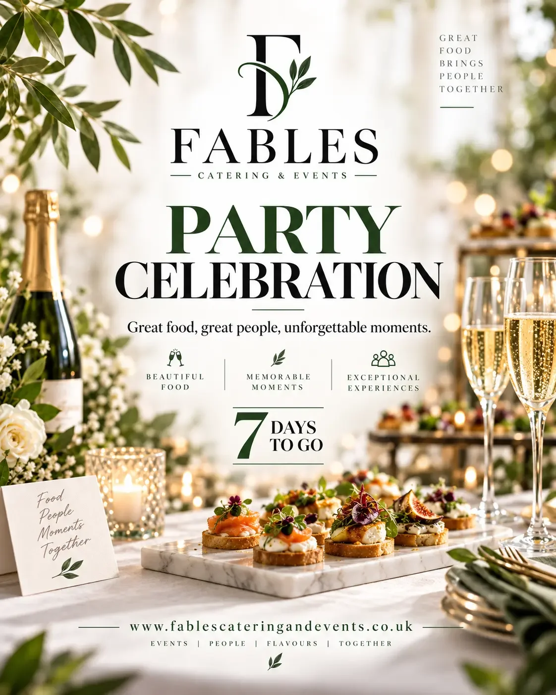 Fables party celebration countdown poster with canapés and champagne: 7 days to go.