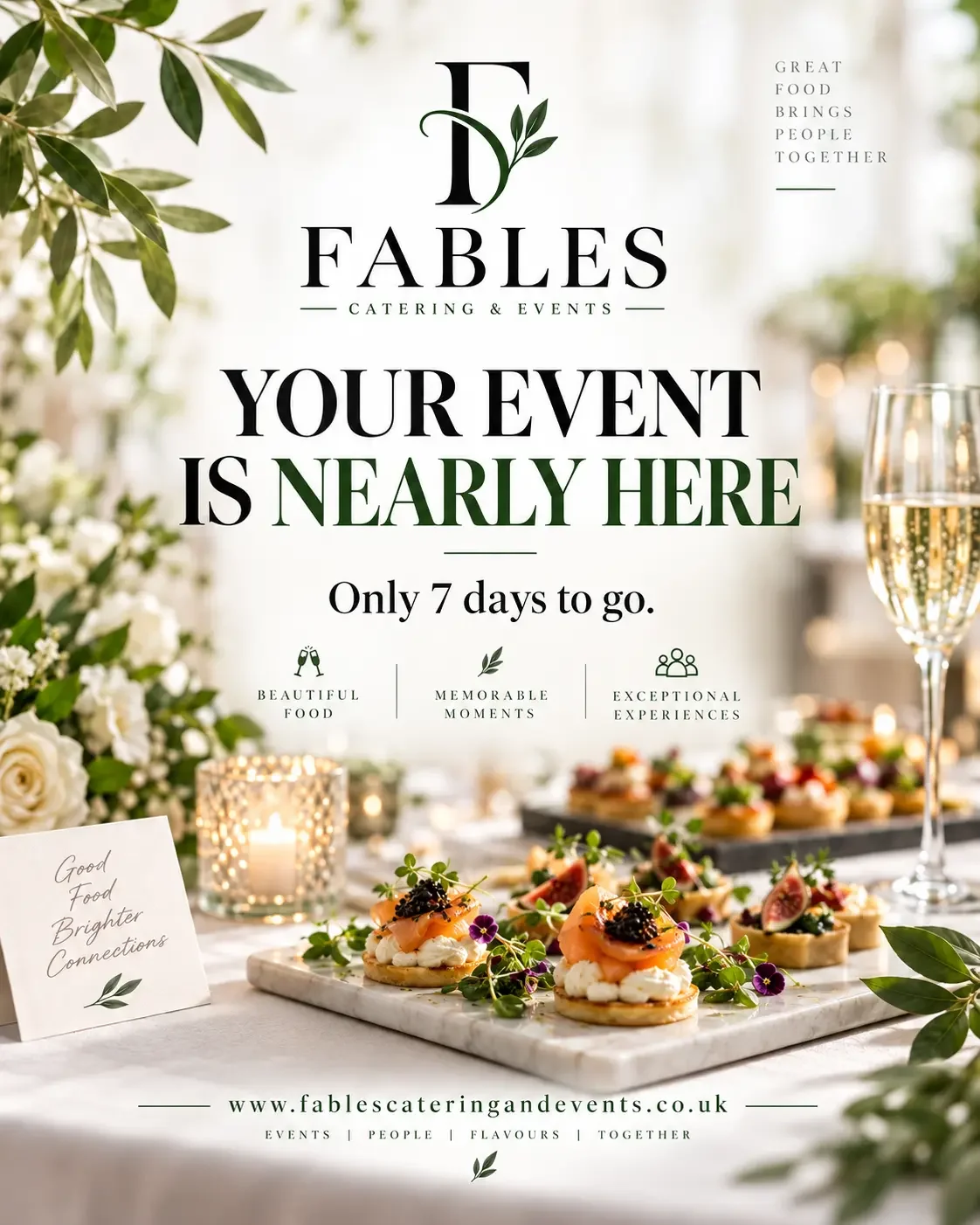 Fables countdown poster with canapés: your event is nearly here, only 7 days to go.