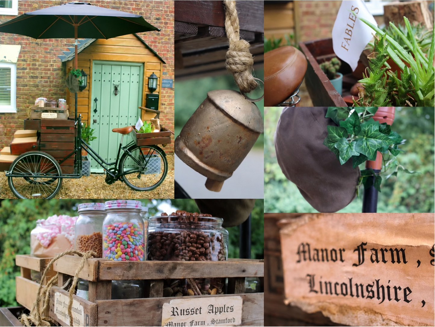 Fables vintage dessert tricycle with sweet jars, wooden crates and decorative details