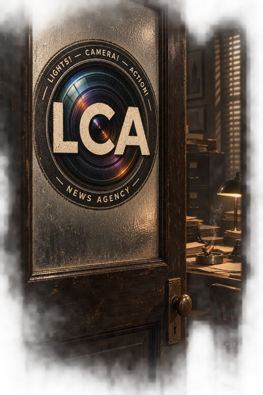 LCA News Agency emblem on a noir-style office door