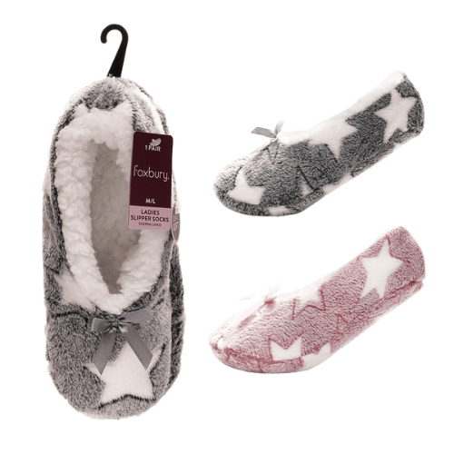 Clothing - Ladies Star Design Slipper Socks with Grip Sole - Assorted