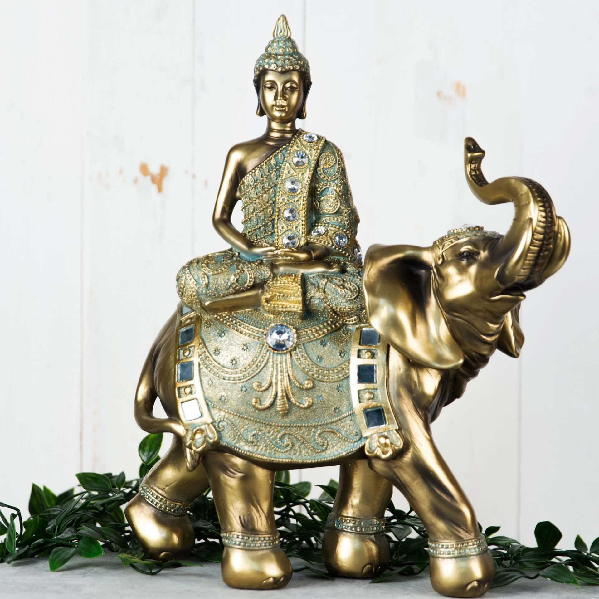 Religious Collection - Verdigris Bronze Finish Buddha on Elephant Figurine 33cm