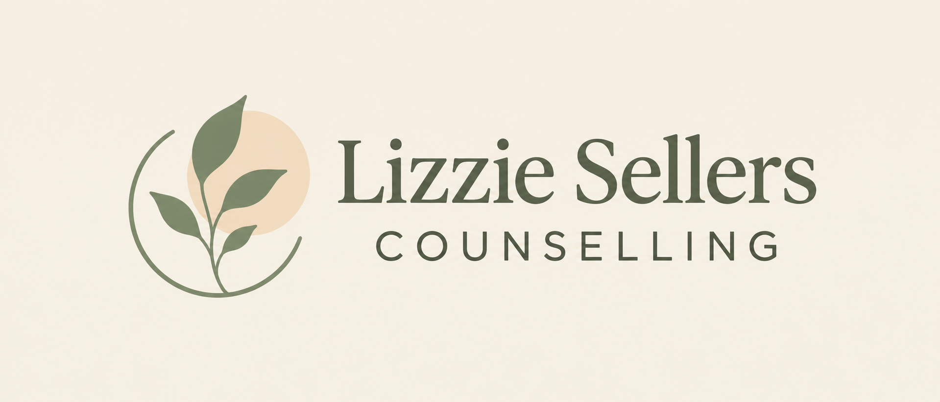 Logo for Lizzie Sellers Counseling featuring a stylized green plant with three leaves encircled by a thin line, on a light beige background.