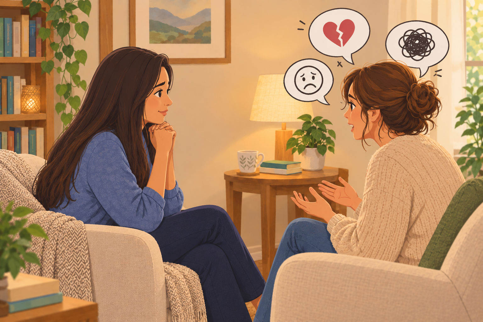 Two women having a heartfelt conversation in a cozy living room, with thought bubbles above their heads depicting emotional distress, including a broken heart, sadness, confusion, and frustration.