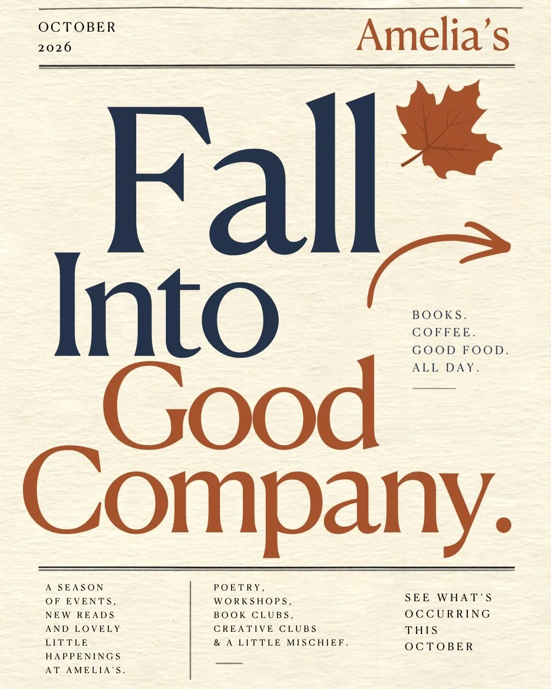 Check out everything that&rsquo;s happening at Amelia&rsquo;s this fall🍁🍂

From pressed flower pumpkins to a personalized tote bag you&rsquo;ll actually want to carry, our very first book club and a Halloween brunch with plenty of Professor Snape. 