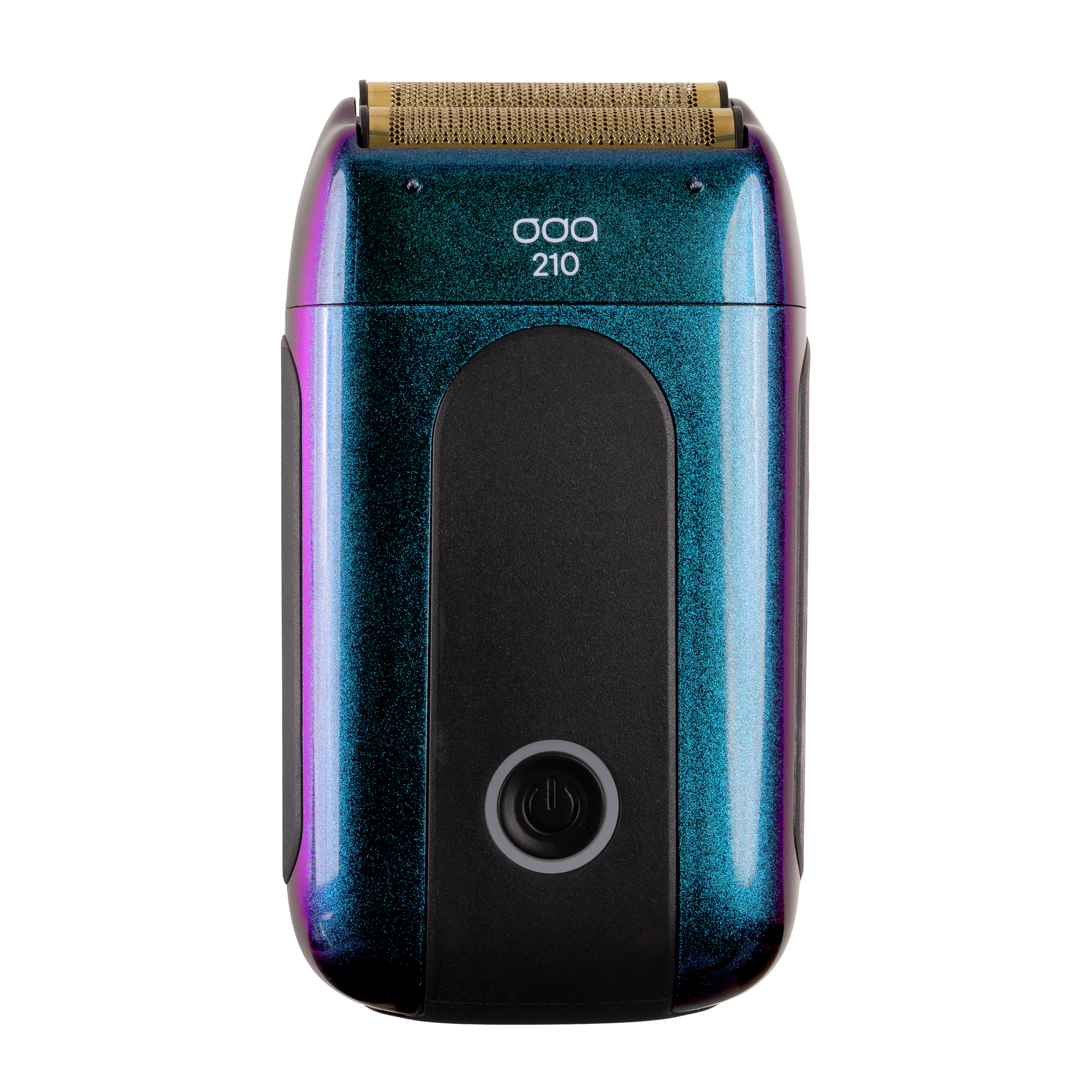 Close-up of an electric shaver with gold foil blades and a digital display, resting on a plain light-colored surface.