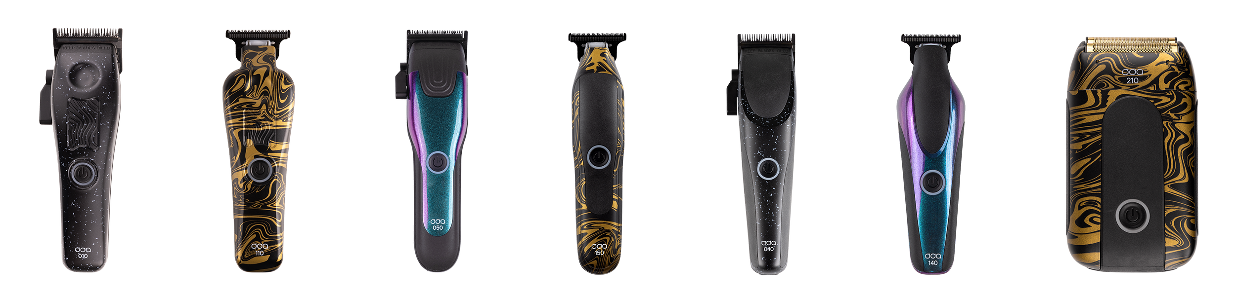 Series of eight hair trimmers or electric razors with black and gold swirl designs, each with different size markings and some with colorful accents.
