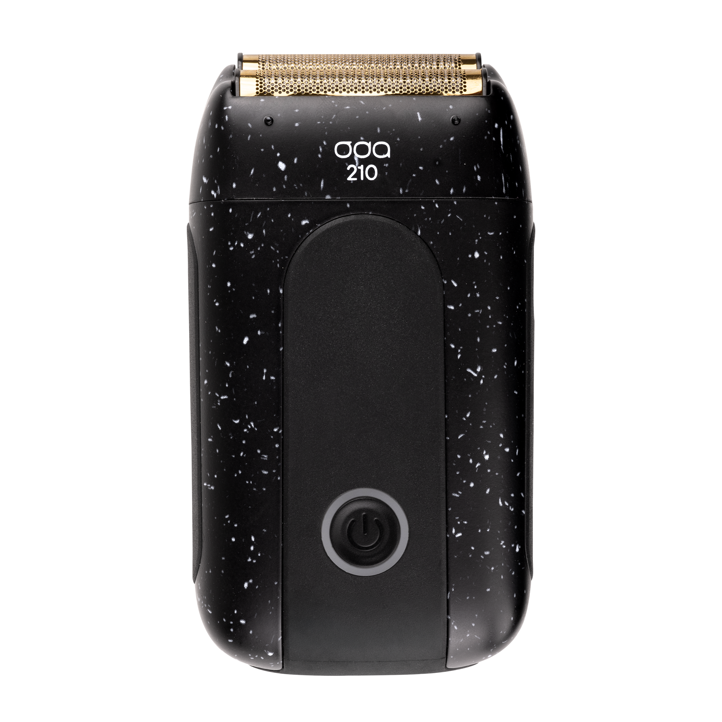 Black electric shaver with gold foil blades and speckled white paint design, front view.