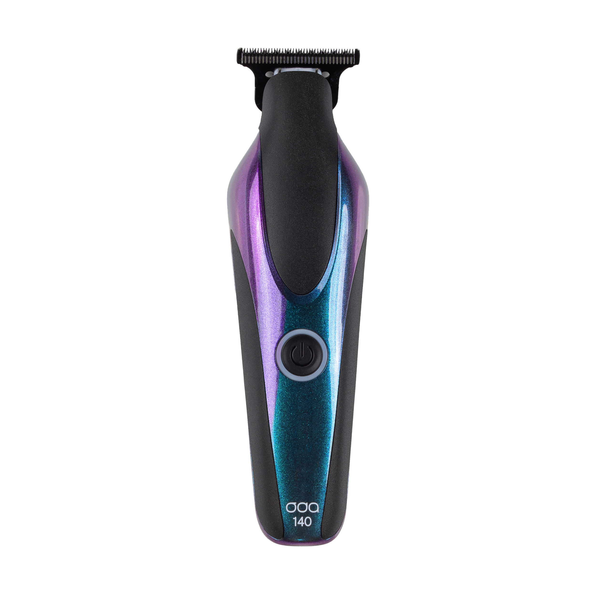 Electric hair trimmer with black and purple design, displaying the brand 'OXX' and size marking '140' on the grip.