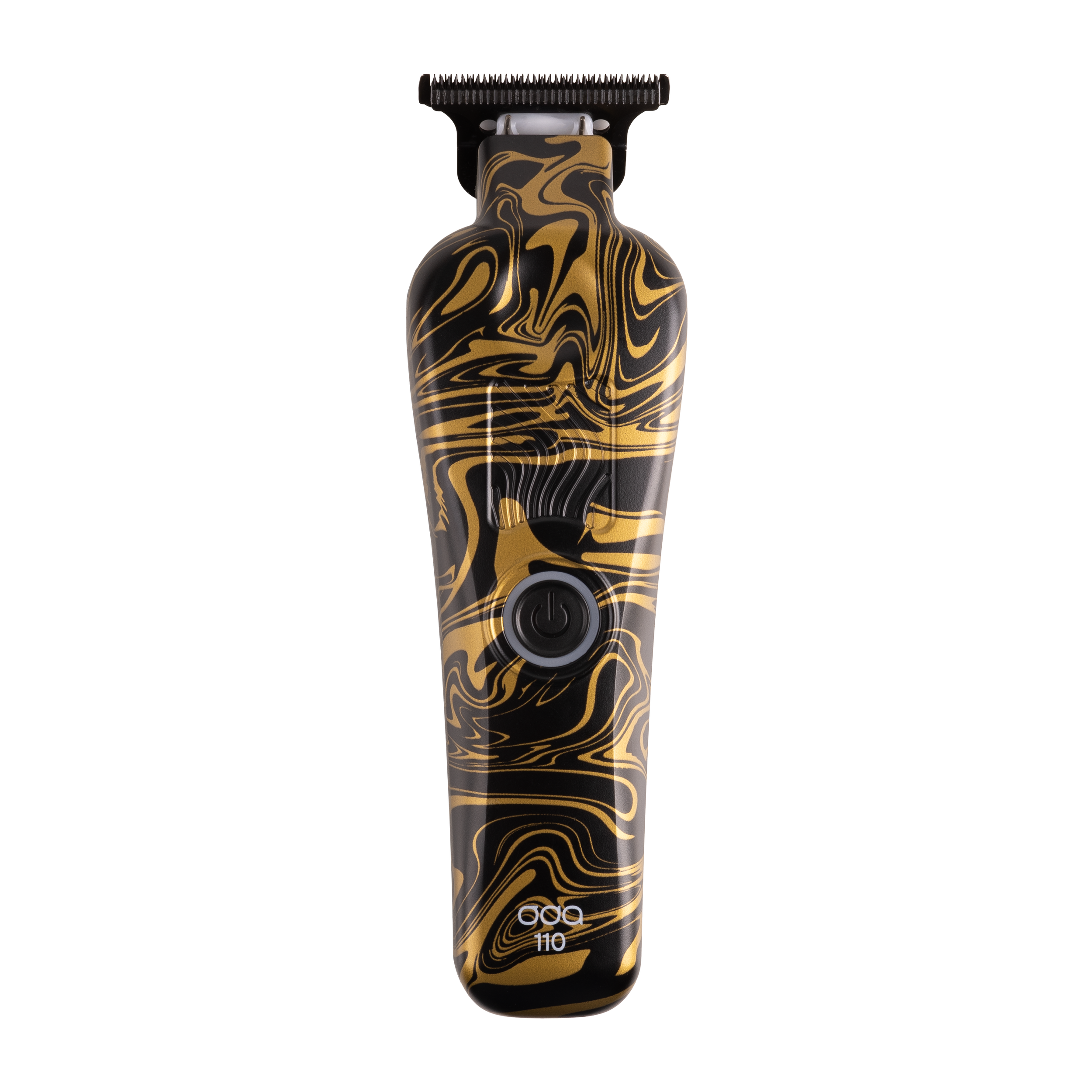 A close-up image of an electric shaver with a black and gold swirl design on the handle, featuring a black power button and measurement markings.