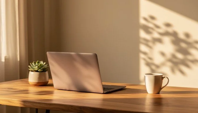 A wooden desk with a laptop, a potted succulent plant, and a white coffee mug, with sunlight casting shadows on the wall.