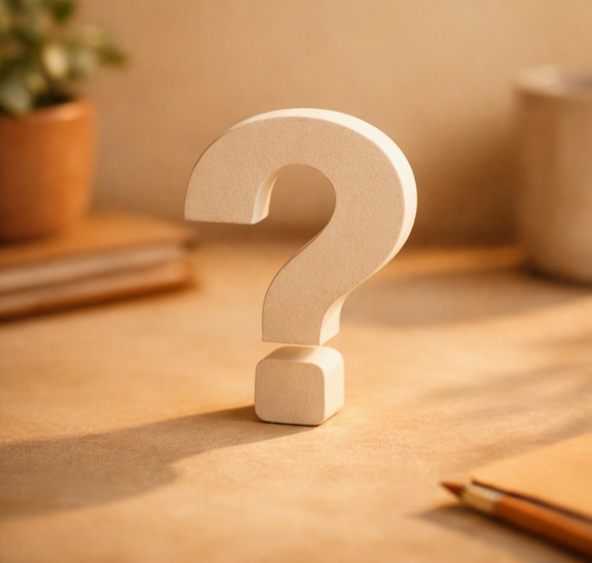 A white question mark made of wood sitting on a wooden surface with a blurred background including a small plant and a notebook.