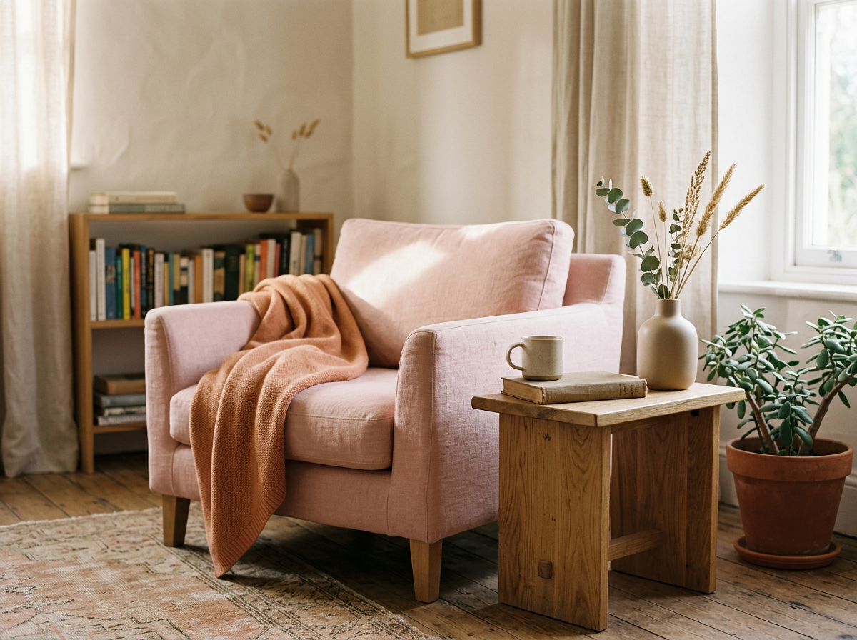 A cozy living room corner with a pink armchair, a small wooden side table holding a ceramic mug, a book, and a vase with green foliage. There is a bookshelf filled with books and a potted plant on the floor. Sunlight streams through a window with light-colored curtains.