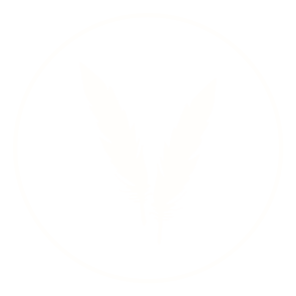 White feather design inside a white circle on a black background.